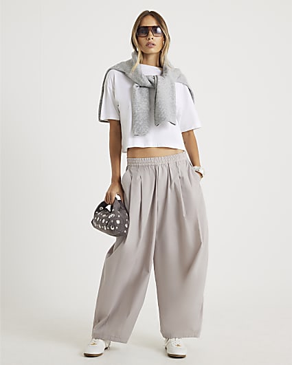 Beige Poplin Barrel Leg Trousers