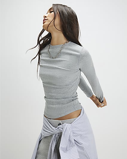 Grey Long Sleeve Ribbed Crew Neck Top