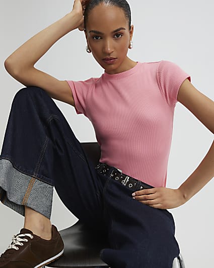 Pink Short Sleeve Fitted Ribbed T-shirt