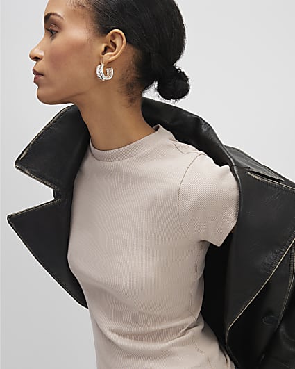 Beige Fitted Ribbed T-shirt