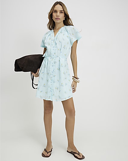 Blue Floral Short Sleeve Mini Dress