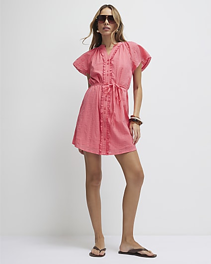 Pink V Neck Short Sleeve Frill Mini Dress
