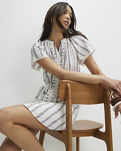 Cream Short Sleeve Striped Mini Dress