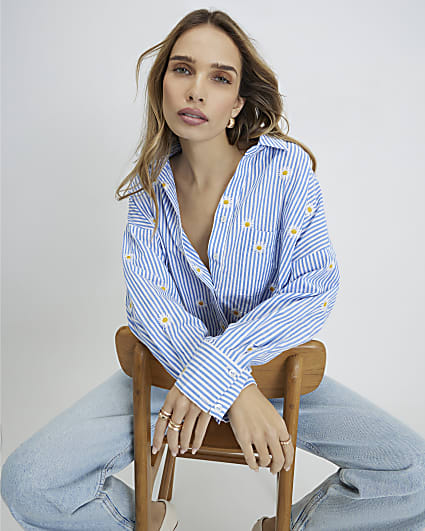 Blue Striped Daisy Embroidered Knot Shirt
