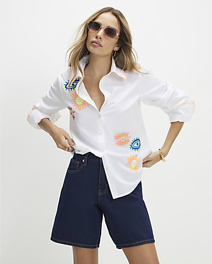 White Embroidered Graphic Shirt