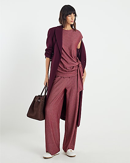 Red Short Sleeve Pinstripe Tie Detail Top