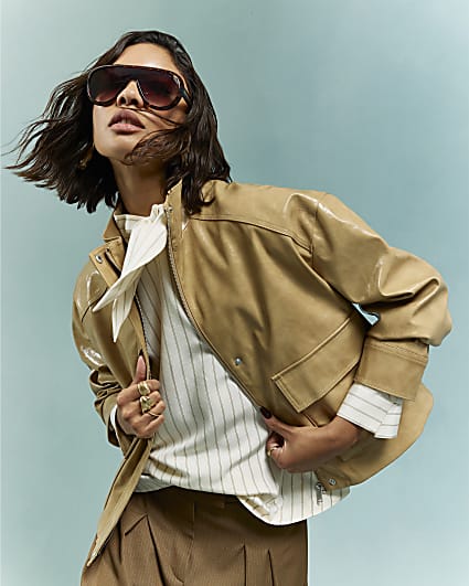 Beige Vinyl Funnel Neck Bomber Jacket