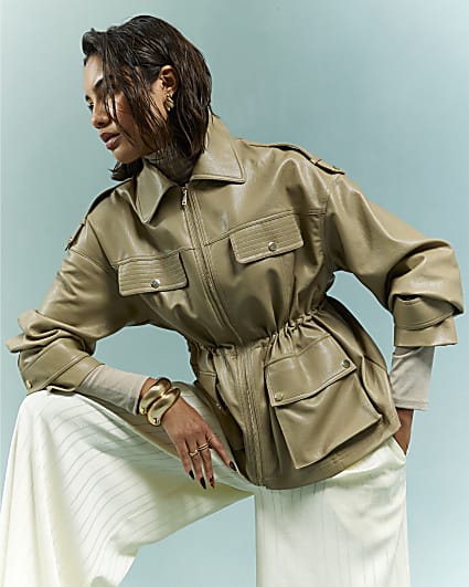 Beige Utility Cinched Waist Jacket
