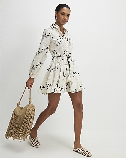 Cream Embroidered Mini Shirt Dress