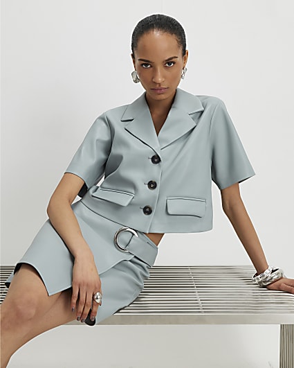 Blue Faux Leather Revere Collar Cropped Shirt