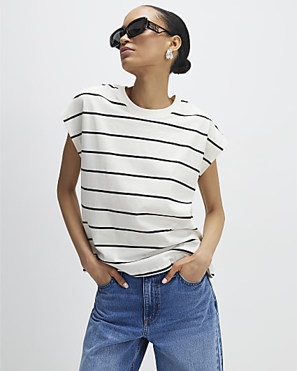 Cream Striped Grown On Sleeve T-shirt