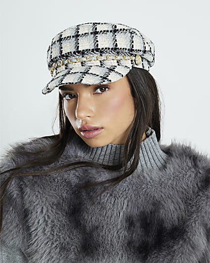 Blue Checked Chain Trim Baker Boy Hat