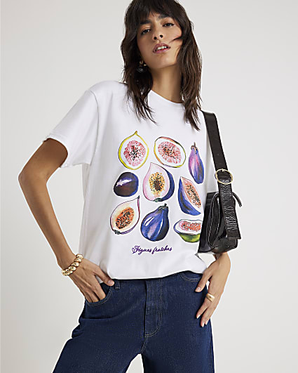 White Short Sleeve Fig Print T-shirt