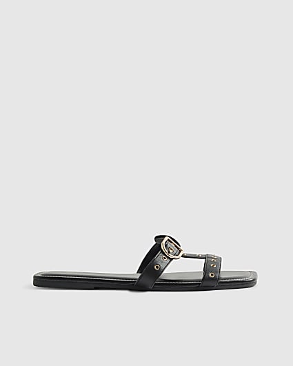 Black Leather T Bar Buckle Sandals