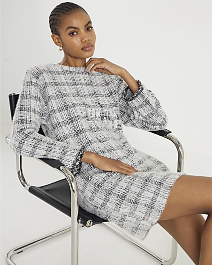 Grey Long Sleeve Boucle Check Mini Dress