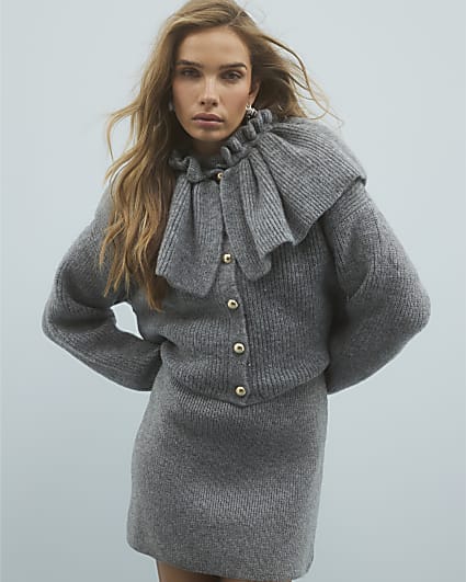 Grey Knitted Ruffle Collar Cardigan