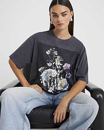 Grey Short Sleeve Sequin Floral T-shirt
