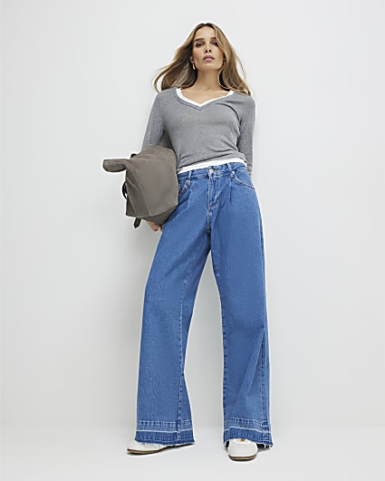 Blue Pleat Front Wide Leg Jeans