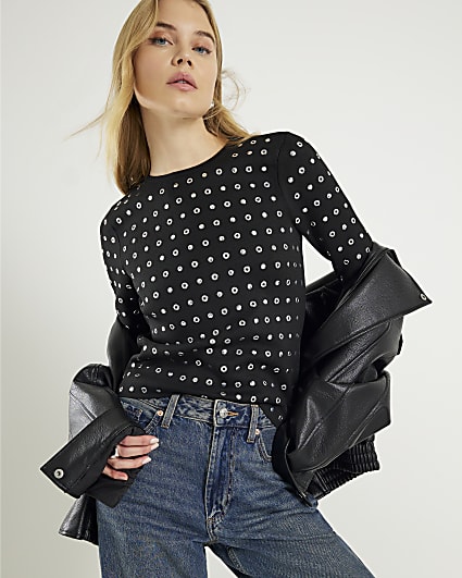 Black Knit Long Sleeve Studded Top