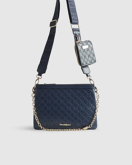 Navy Embossed Chain Front Cross Body Bag
