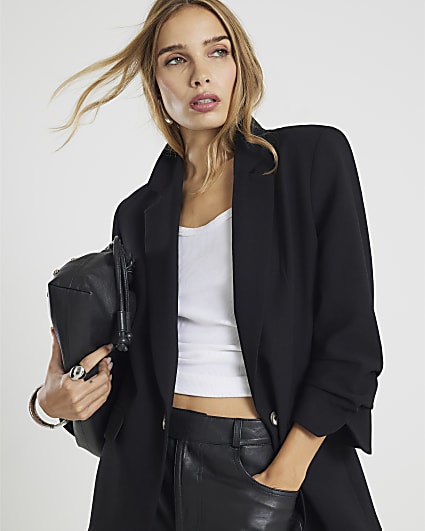 Black Long Ruched Sleeve Blazer