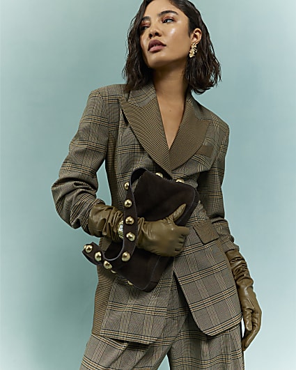 Brown Suede Studded Shoulder Bag