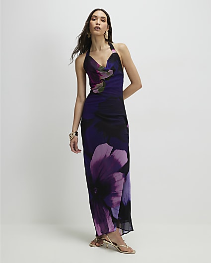 Purple Halter Neck Floral Maxi Dress