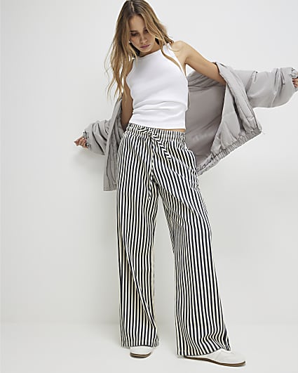 White Striped Drawstring Wide Leg Jeans