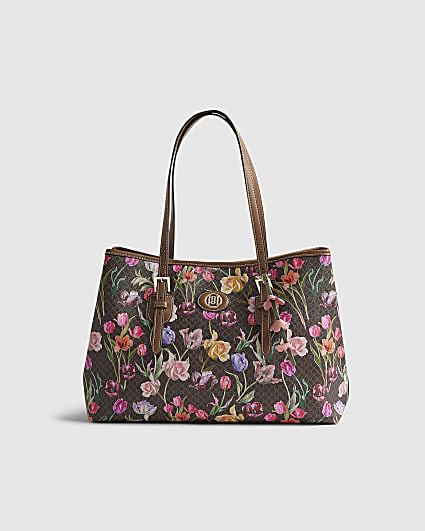 Brown Floral Monogram Buckle Shopper Bag
