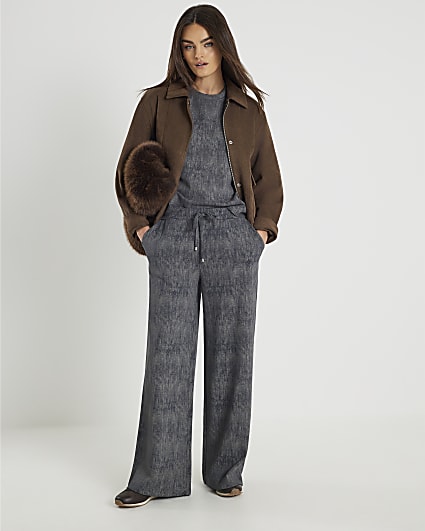 Grey Premium Crinkle Effect Wide Leg Joggers