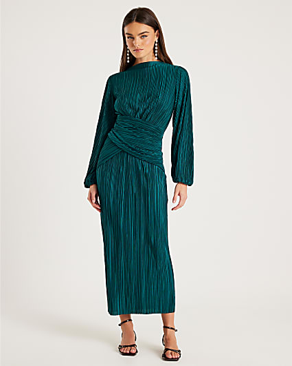 Green Plisse Long Sleeve Wrap Midi Dress