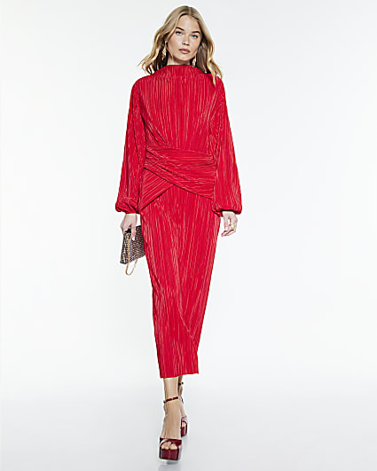 Red Plisse Long Sleeve Wrap Midi Dress