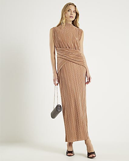 Beige Plisse Sleeveless Wrap Waist Midi Dress