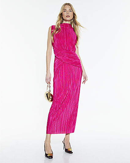 Pink Plisse Sleeveless Wrap Waist Midi Dress