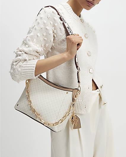 Beige Monogram Chain Front Crossbody Bag