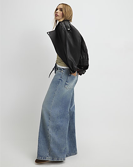 Blue Drawstring Wide Leg Jeans