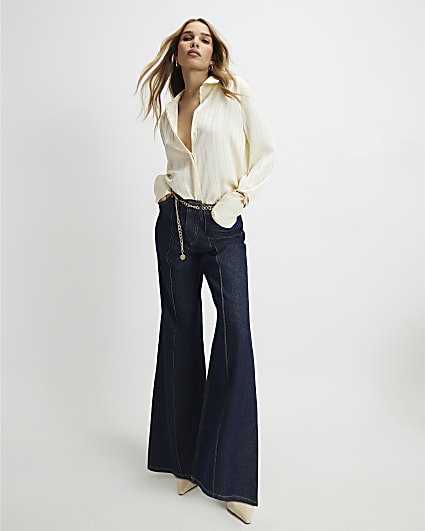 Blue Belted Wide Leg Jeans
