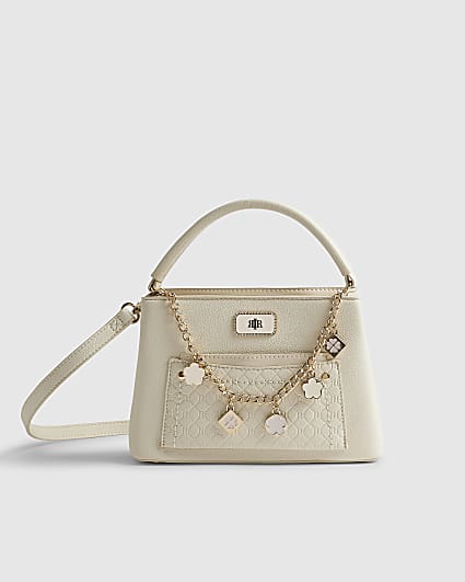 Cream Monogram Pocket Front Charmed Tote Bag