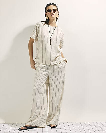 Cream Striped Linen Blend T-Shirt