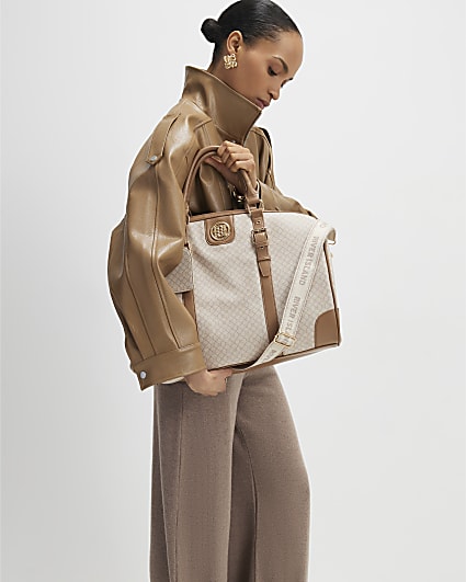 Beige Buckled Monogram Barrell Bag