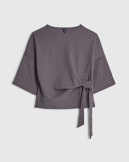 Petite Grey Short Sleeve Textured Tie T-shirt