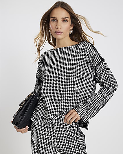 Black Long Sleeve Dogtooth Print Sweatshirt