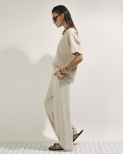 Beige Linen Blend Wide Leg Trousers