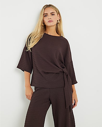 Petite Brown Short Sleeve Textured Tie Tshirt