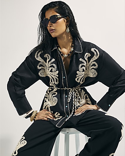 Black Embroidered Beach Shirt