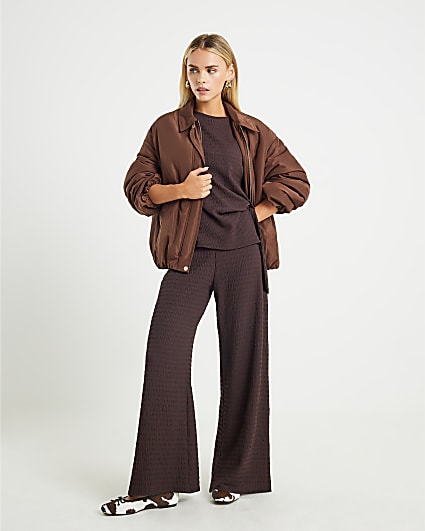 Petite Brown Textured Wide Leg Trousers