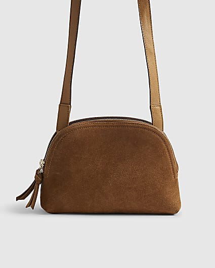 Brown Double Zip Suede Crossbody Bag