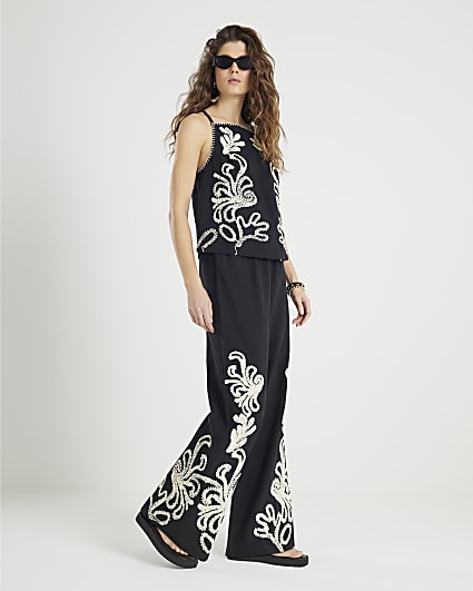 Black Embroidered Wide Leg Trousers