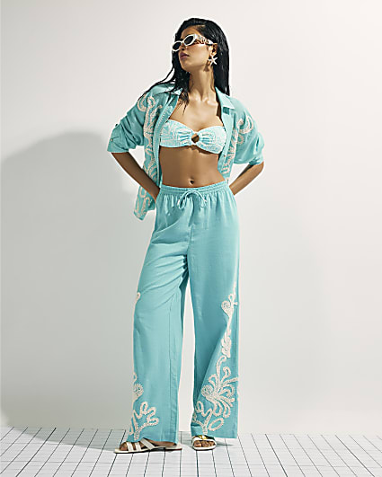 Green Embroidered Wide Leg Trousers