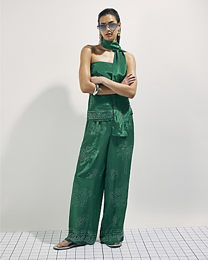Green Diamante Wide Leg Trousers